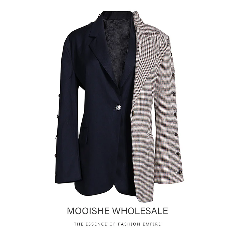 

Personality Lattice Blazer Jacket 2019 Early Autumn New Sense Stitching Small Suit Female Fake Two-piece Jacket