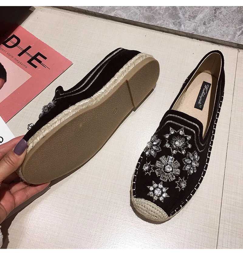 Fashion Hemp Loafers Women Espadrilles Flats Shoes Sewing Rhinestone Round Toe Ladies Casual Moccasins Slip On Brand Style New