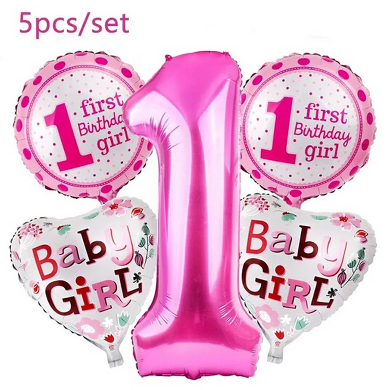 1 день рождения украшения для детей конфетти шары номер 1 первый балон фольгированные шары для мальчиков и девочек детские подарки для мероприятий - Цвет: 5pcs Pink Set