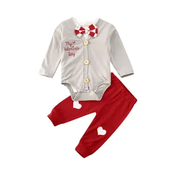 

1st Valentines Day Kid Baby Boy Gentleman Tops Romper Long Pant 3PCS Clothes Autumn Heart Shaped Love Bodysuit Headband Outfits