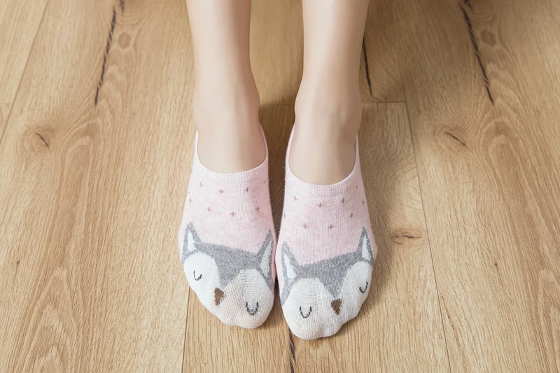 5 пар, Новое поступление, женские хлопковые носки, розовые милые короткие носки с котом, короткие носки, повседневные носки-башмачки с ушами счастливого животного и красным сердцем для девочек