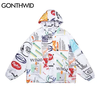 GONTHWID-그래피티 데빌 포스터 프린트 지퍼 후드 코튼 패딩 재킷, 스트리트웨어 남성 여성 코트 힙합 하라주쿠 캐주얼 탑스