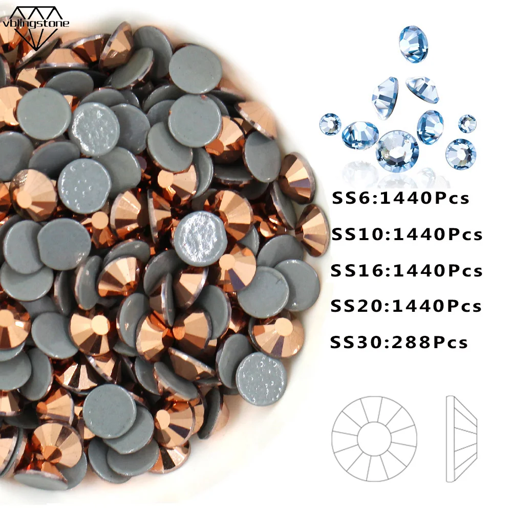 

1440Pcs Rose Gold Hot-fix Rhinestone Top Quality Crystal Iron On Glass SS6 SS10 SS16 SS20 SS30 Rhinestone For Wedding DressesDIY