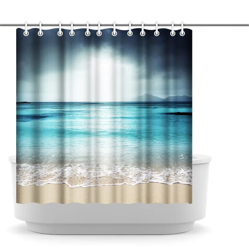 

Polyester Shower Curtain Blue Ocean and White Beach Print Modern Style Bathroom Curtains Photo Custom Waterproof Fabric Curtain