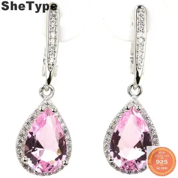 

34x10mm Gorgeous 6.1g Pear Shape Pink Kunzite Paris Blue Topaz White CZ Engagement 925 Solid Sterling Silver Earrings