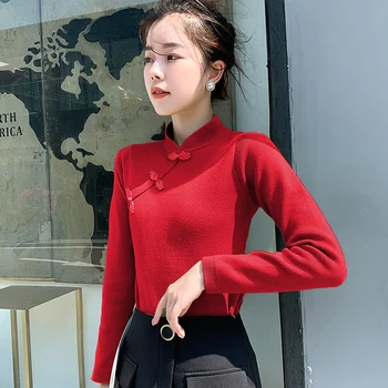 

2020 Feminino Chinese Style Standing Collar Retro Sleeve Top Versatile Slim Knit Bottoming Shirt In Autumn And Winter