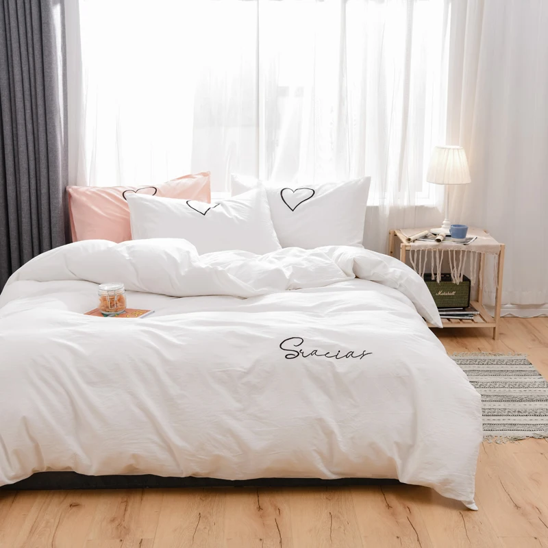

Solid Bedding Set Washed Cotton White Embroidered Love Letter Bedding Bed Sheet Linen Duvet/Quilt Cover Pillowcase Twin King