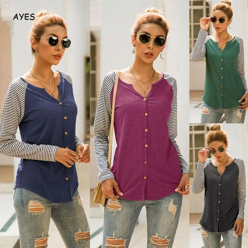 

Patchwork Striped T-shirts Women Long Sleeve Casual Basic Top Tees Autumn Winter Vintage Button tshirts Female 2019 Green Tshirt