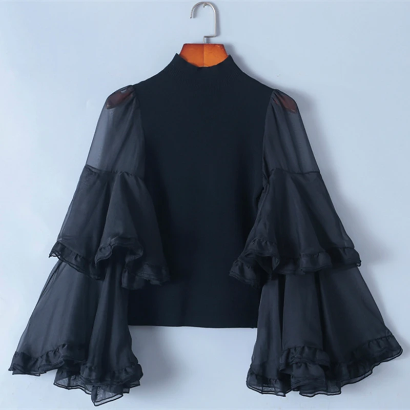 

Tunjuefs Design Bodycon Turtleneck Mesh Sweater Women Pullover Autumn Long Sleeve Spring Ruffles Jumper Knit Short Top Runway