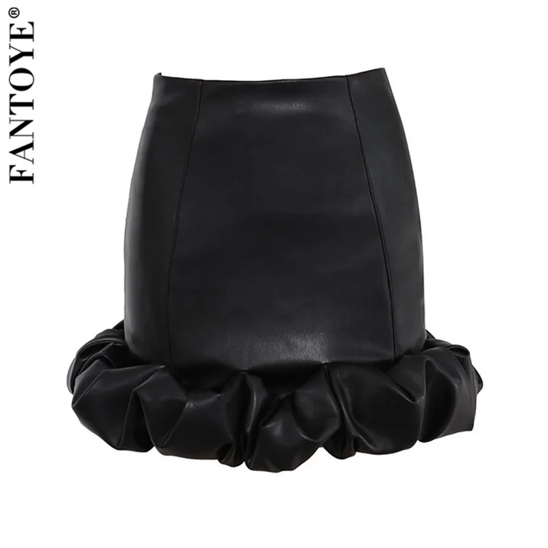 FANTOYE Vintage Elegant Black PU Skirts Women Fashion Faux Leather Bud Skirts Autumn Pleated Ladies Sexy Party Short Skirts
