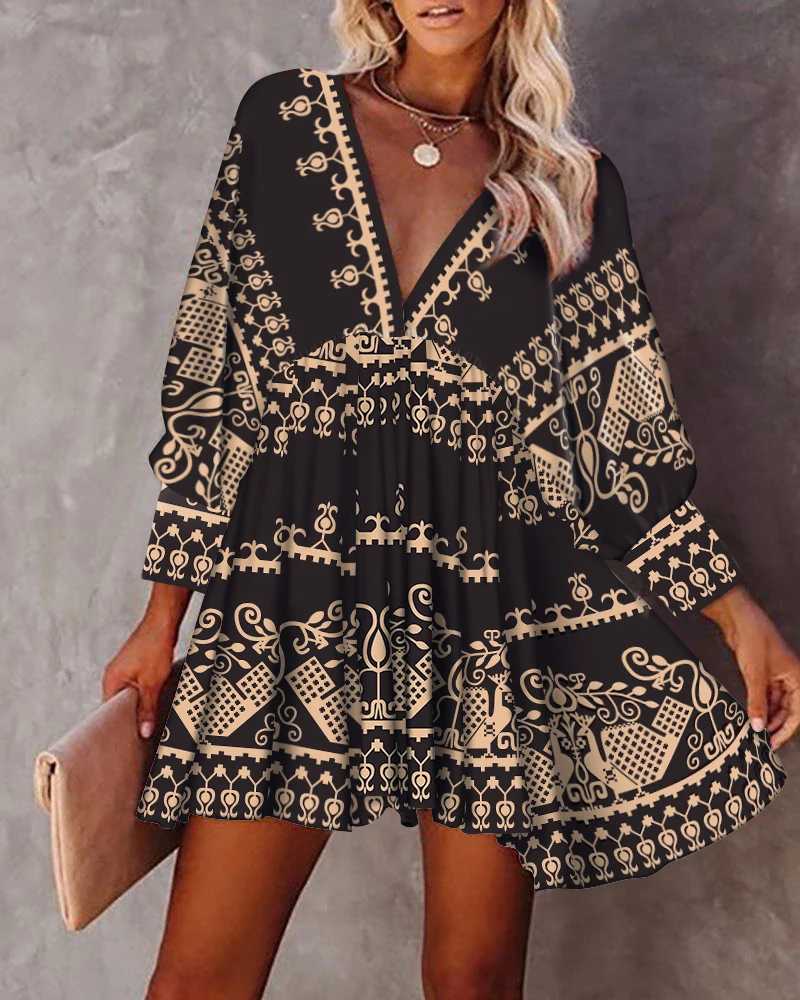 

Autumn All Over Print V-Neck Fold Pleated Mini Dress 2023 Femme Casual Lace Up Back Flare Sleeve Robe Office Lady Outfits traf