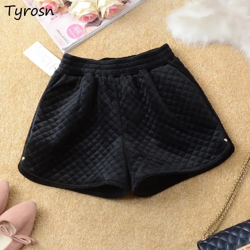 

Velour Black Argyle Shorts Autumn Winter Elastic Waist Loose Fashion Students All Match Streetwear Vintage New Stylish Leisure