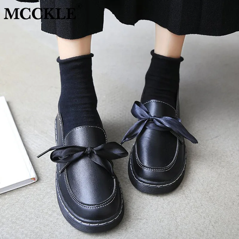 

MCCKLE Autumn Women Pumps Patent Leather Boetie Round Toe Square Low Heel Ladies Slip On Sewing Female Shoes 2019 British Style