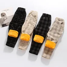 Зимние новые стильные эластичные вельветовые повседневные брюки в клетку с начесом Детские теплые штаны