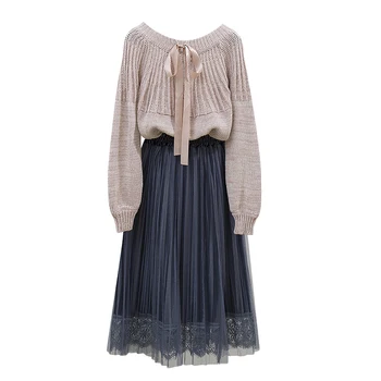 

Bow Lantern Sleeve Knitted Pullovers Pleated Skirt Of Tall Waist Gauze Fairy Skirts Suit Women 2 Pcs Clothing Set Outfit