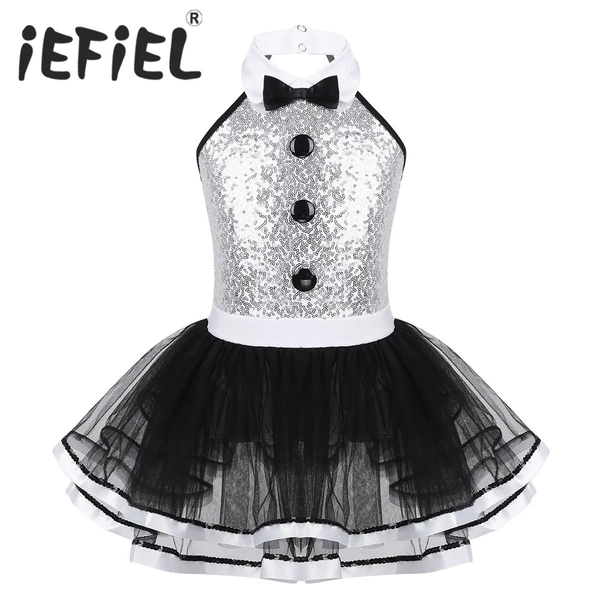 

Kids Girls Teenage Child Shiny Sequins Decorative Buttons Ballet Dance Gymnastics Leotard Mesh Tutu Dress Modern Dance Costume