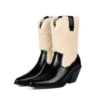 

Women Pointy Toe Genuine Leather Ankle Boots Real Lambwool Fur Chunky High Heel Back Zipper Shoes Chelsea Western Black New 2020