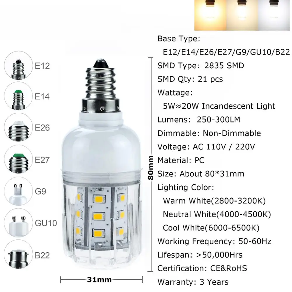 Светодиодная лампа кукуруза E12 E14 E26 E27 B22 2835 SMD 110 220 в 5 вт 6 15 равная 20 60 21 30 102