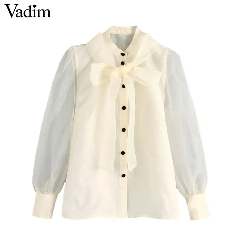 

Vadim women elegant organze beige blouse transparent style bow tie collar lantern sleeve female see through tops blusas LB542