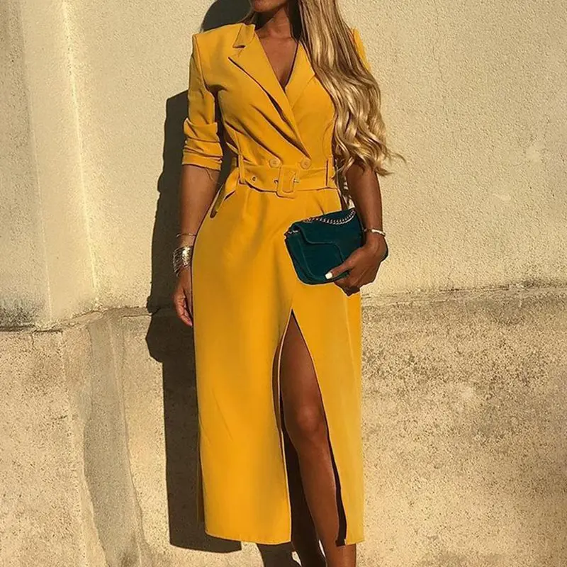Женское платье-блейзер с поясом и разрезом элегантные офисные вечерние платья