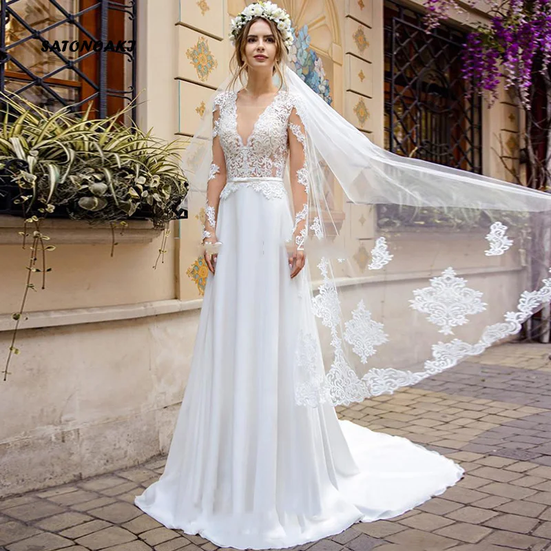 

SATONOAKI Chiffon Boho Wedding Dresses 2019 Illusion V-Neck Lace Appliques Long Sleeves Wedding Gowns Beach Sweep Train Vestidos