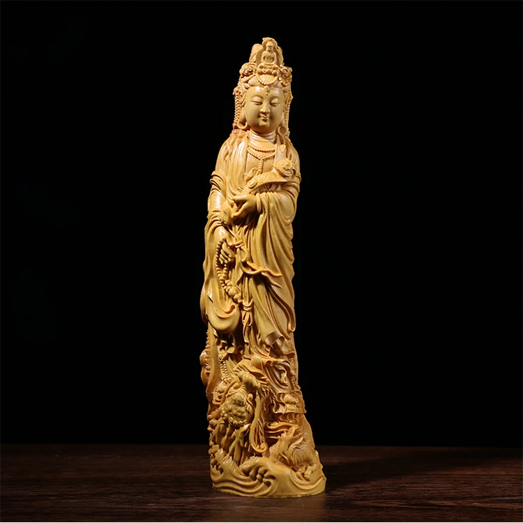 Резьба из самшита, домашние украшения, статуя Будды, подарки, статуя из цельного дерева, рукоделие, дракон Гуаньинь, скульптура, домашний декор - Цвет: 23CM