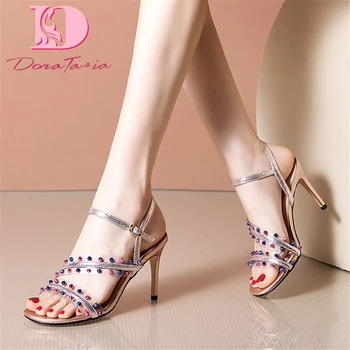 

DoraTasia 2020 New Fashion Genuine Leather Women Sandals Thin Heels Peep Toe Platform Crystal Pumps Summer Party Woman Shoes