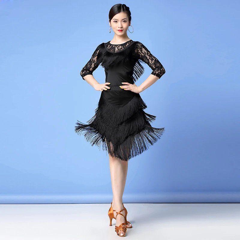 Новая женская Одежда для танцев сальса самба одежда с длинными рукавами спандекс 2 шт. бахрома латинские платья Топ и короткая юбка - Цвет: black design 1