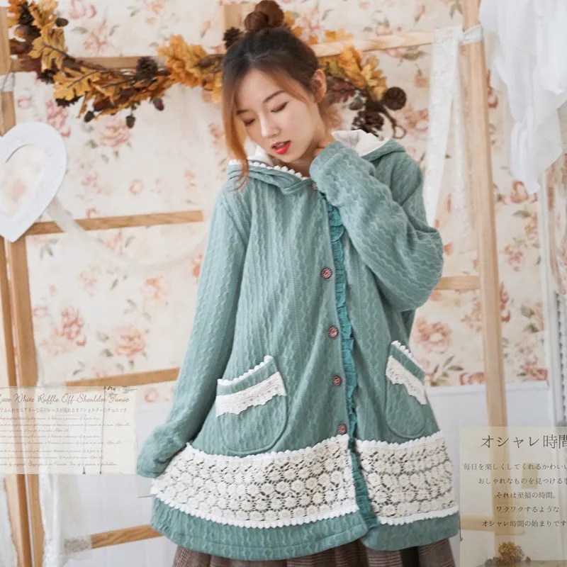 Japanse Mori Meisje Vintage Retro Sweet Lolita Borduren Gehaakte Pocket Hoodie Warme Fleece Dikke Jas Vrouwen Winterjas Parka