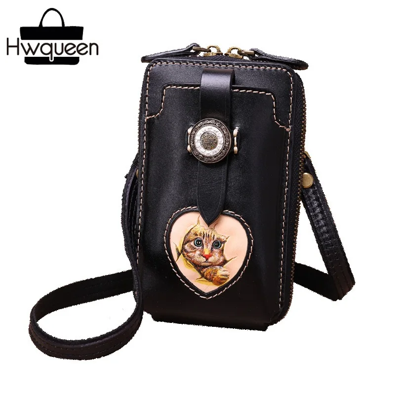 Женский кошелек ручной работы из натуральной кожи с гравировкой кошечки Китти