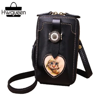 

Engraved Kitty Cat Genuine Leather Handmade Lady Phone Holder Purse Women's Shoulder Bag Real Cow Skin Female Mini Waist Packs