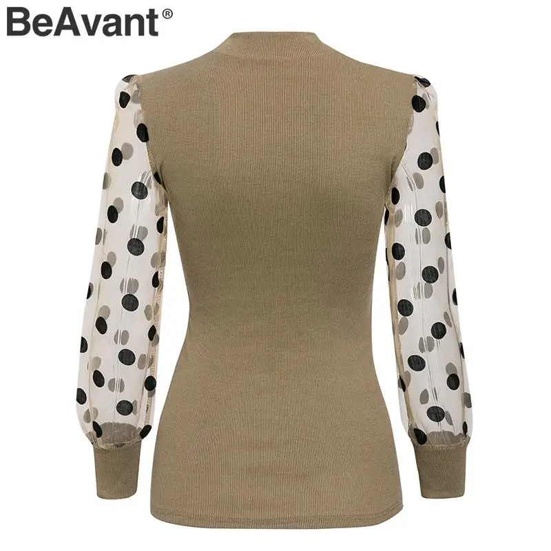 BeAvant, Лоскутная, в горошек, трикотажная блузка, для женщин, элегантная, осень, зима, женские топы, рубашка, вечерние, для клуба, тонкая, с пышными рукавами, женские топы