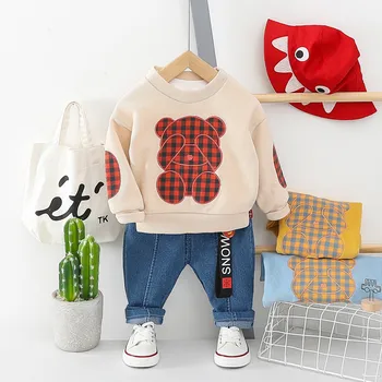 

2020 Spring Casual Baby Girls Boys Clothing Sets Cute Plaid Bear Sweater Jeans Toddler Infant Clothes Children Clothing Suit