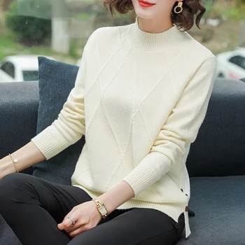 

Autumn Winter Women Half-Turtleneck Knitted Sweater Solid Color Split Pullover Feamle Loose Sweaters Jumper