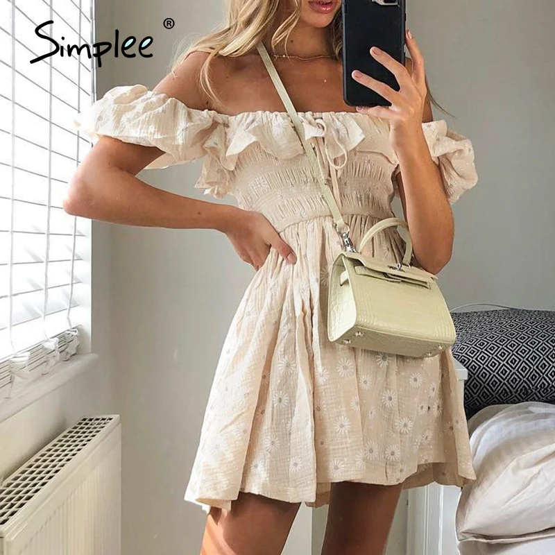 Simplee женское платье с цветочным принтом, летнее платье с открытыми плечами и рюшами, уличная одежда, Пляжное ТРАПЕЦИЕВИДНОЕ женское платье для вечеринки, vestidos