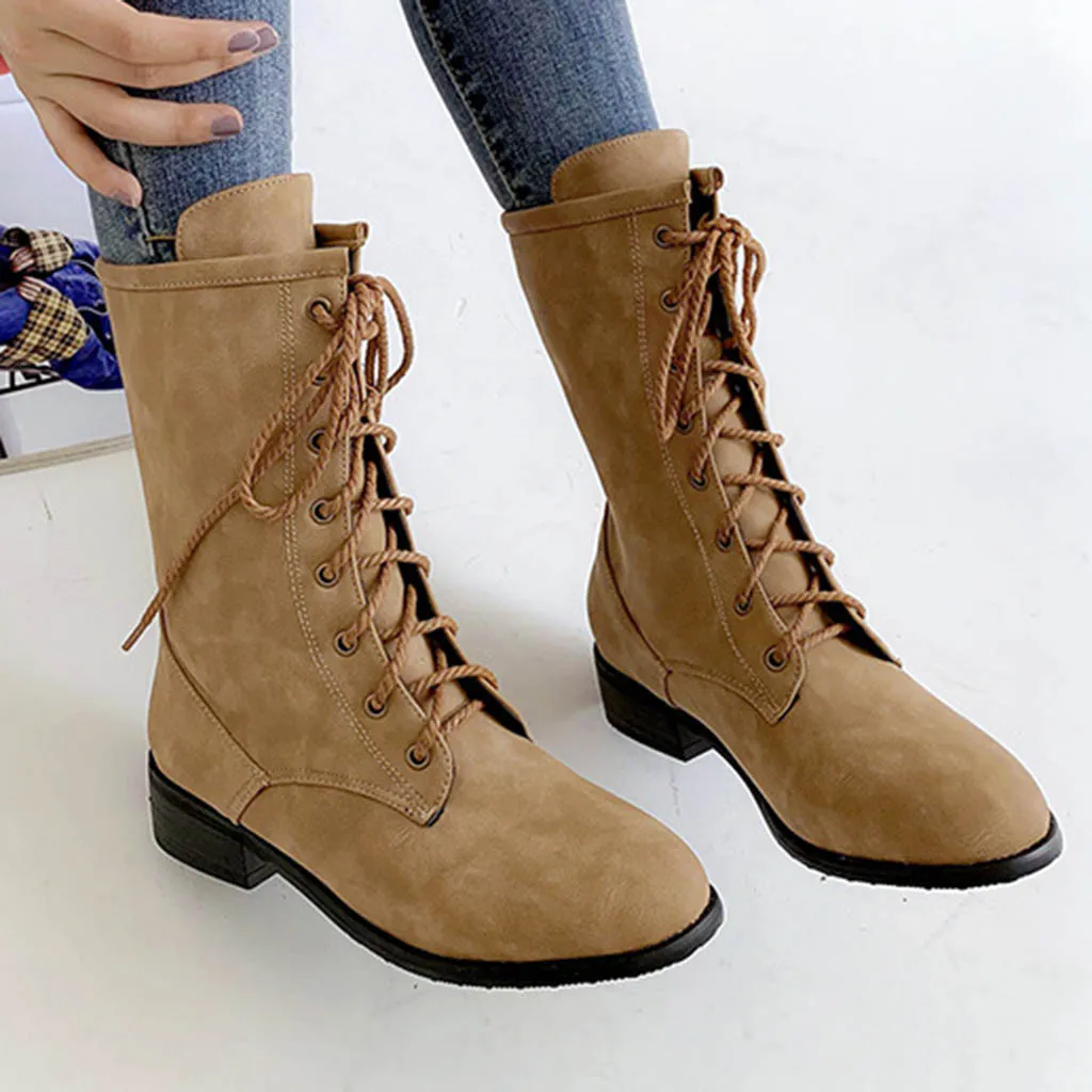 Boots Women Fashion Pure Color Round Toe Lacing Boots Chunky Heels Vintage Women Boots Retro Zapatos De Mujer Bota Feminina