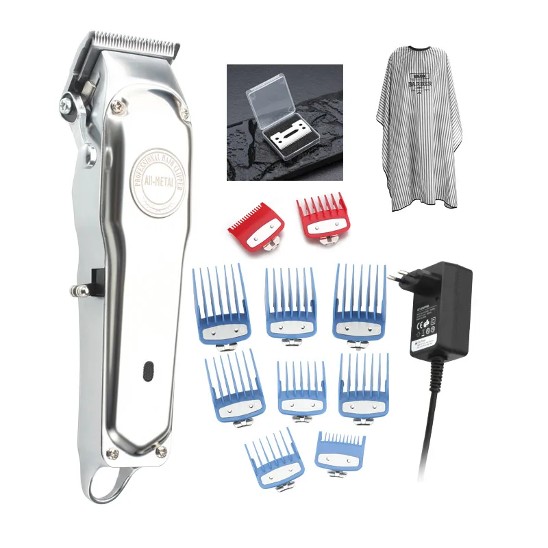 With blue comb set Полностью Металлическая перезаряжаемая машинка для стрижки волос с направляющим расчесом набор и режущий кабель и керамическое лезвие парикмахерский триммер для волос 1919 Wmark - Цвет: With blue comb set