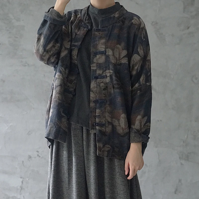 Johnature New Retro Plate Buckle Floral Print Cotton Linen Overcoat 2021 Autumn Winter Loose Comfortable Long Sleeve Women Coat | Женская