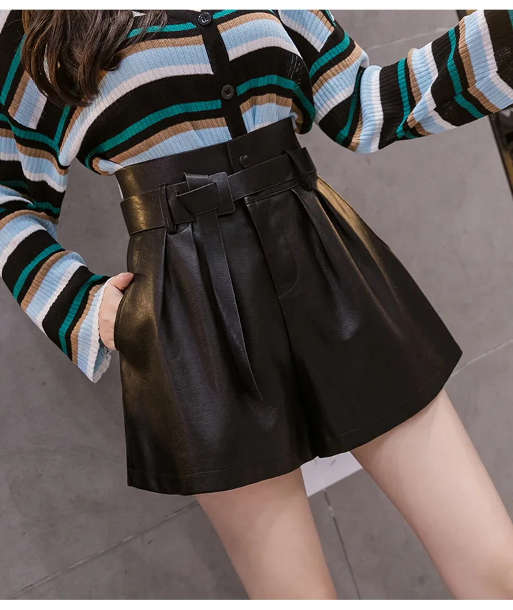 2022 New Autumn Winter Black PU Faux Leather Women's Shorts Sashes High Waist Wide Leg Shorts Elegant Female Trousers MT577 dickies shorts