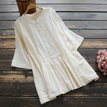 

7670 New Summer Women Blouse Cotton Solid Color Stand Collar half Sleeve Casual Pullover Tops Women