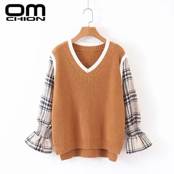 

OMCHION Korean Style Women Sweater 2019 Autumn Winter V Neck Plaid Flare Sleeve Patchwork Pullover Casual Girls Jumper LMY223