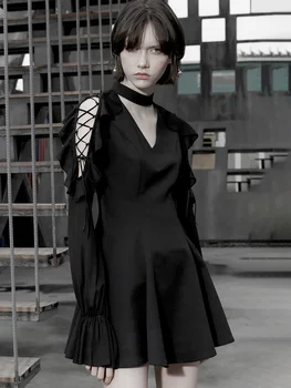 

PUNK RAVE New Girl's Deep V-neck Ruffled Sleeve Sexy Dress Fashion Gothic Daily Chiffon Slim Long Sleeve Dresses
