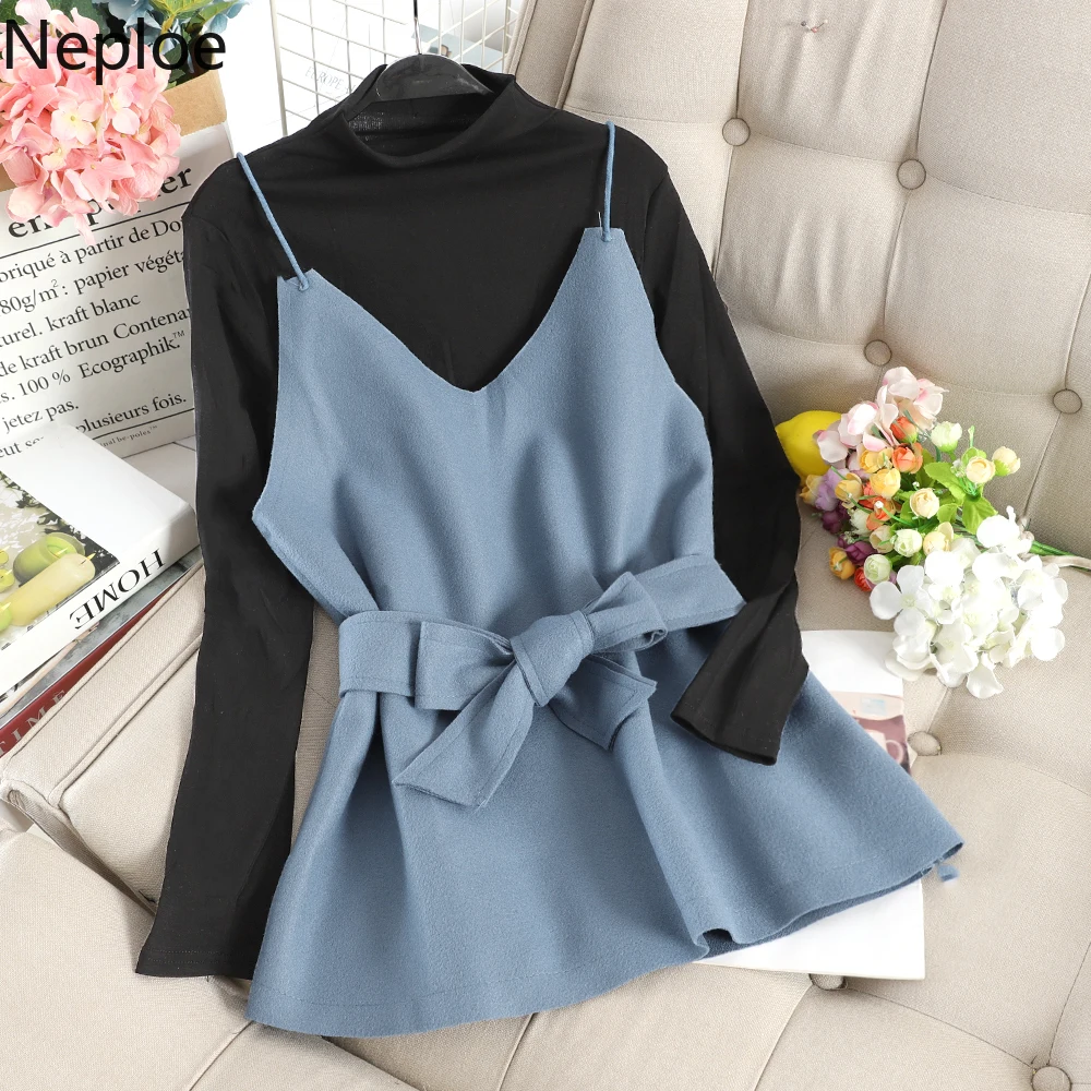 Neploe Turleneck Slim Fit тонкая футболка с длинным рукавом V образным вырезом топики на шнуровке тонкий приталенный жилет Осень элегантный женский комплект 46672