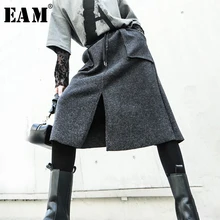 [EAM] темно-серая шерстяная юбка средней длины с большим карманом и высокой эластичной резинкой на талии, Женская модная новая весенне-осенняя коллекция, 1M726