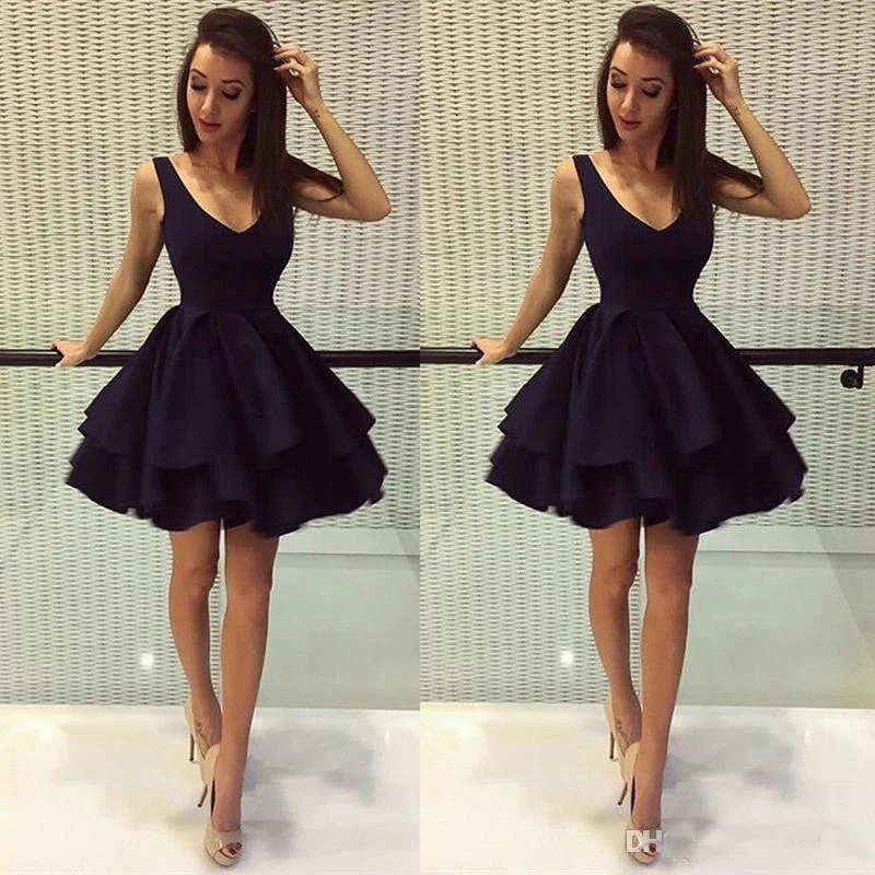 Cheap-Black-Puffy-Short-Party-Dresses-A-Line-Deep-V-Neck-Satin-8th-Grade-Prom-Dresses