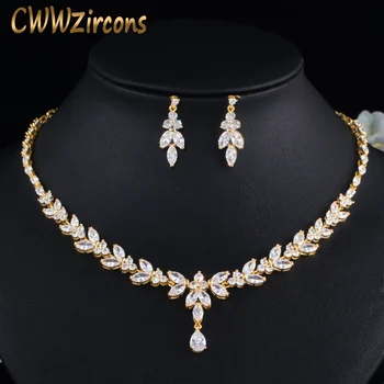 

CWWZircons Top African Cubic Zirconia Leaf Drop Women Party Wedding Necklace Bridal Jewelry Set Dubai Gold Color Jewellery T442