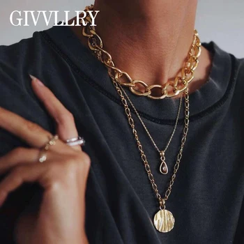 

Punk Chunky Curb Link Chain Choker Multilayered Chain Necklace Women Jewelry Elegant Crystal Irregular Coin Pendant Necklaces