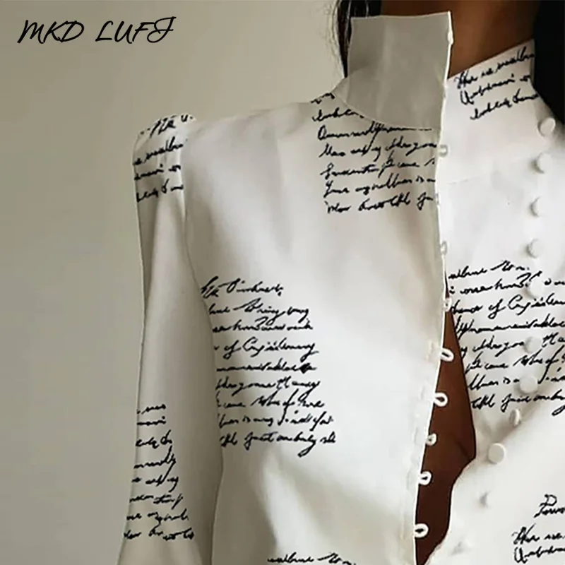 Рубашка на пуговицах с воротником-стойкой и буквенным принтом, Женская Повседневная Блузка с длинным рукавом, топы, Blusas Mujer De Moda