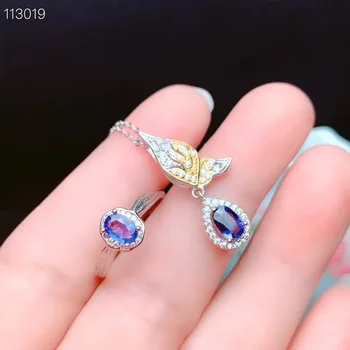 شراءجديد وصول الطبيعية ريال الطبيعية الياقوت طقم مجوهرات الياقوت الطبيعي الحقيقي 925 فضة 1 قطعة قلادة ، 1 قطعة حلقة