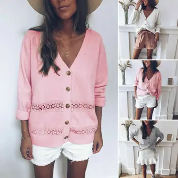 

Womens Long Sleeve Warm Autumn winter Coat Casual Knit Sweater Ladies Cardigan Knitwear Top Outwear for women Ladies Pink Gray